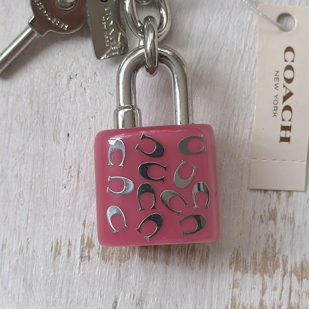 Coach Lock and Key Key Ring Purse Charm Pink and silver New NWT